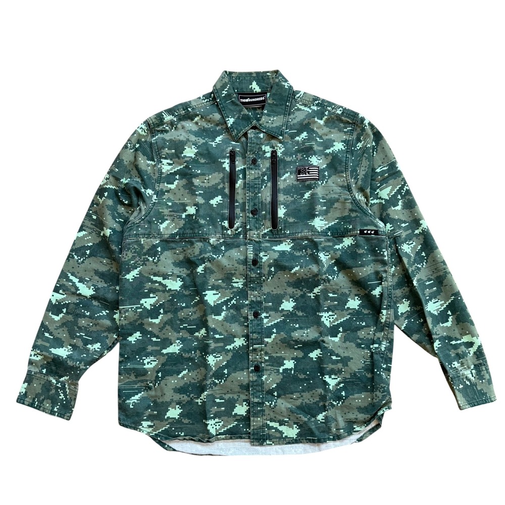 The Hundreds Mens Digital Camo‎ Button Up Shirt Green Tactical Zip Pockets Large